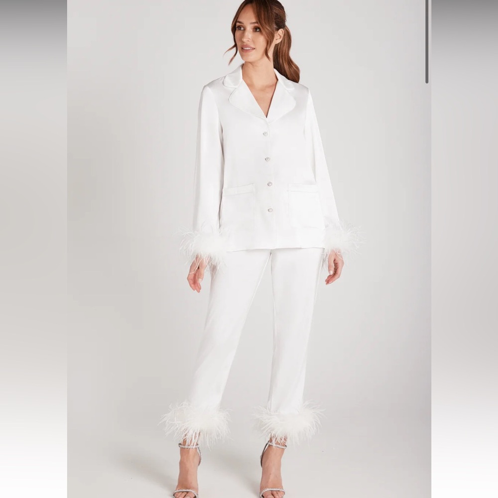 NADINE MERABI White Satin Feather-Trim Pajama Set